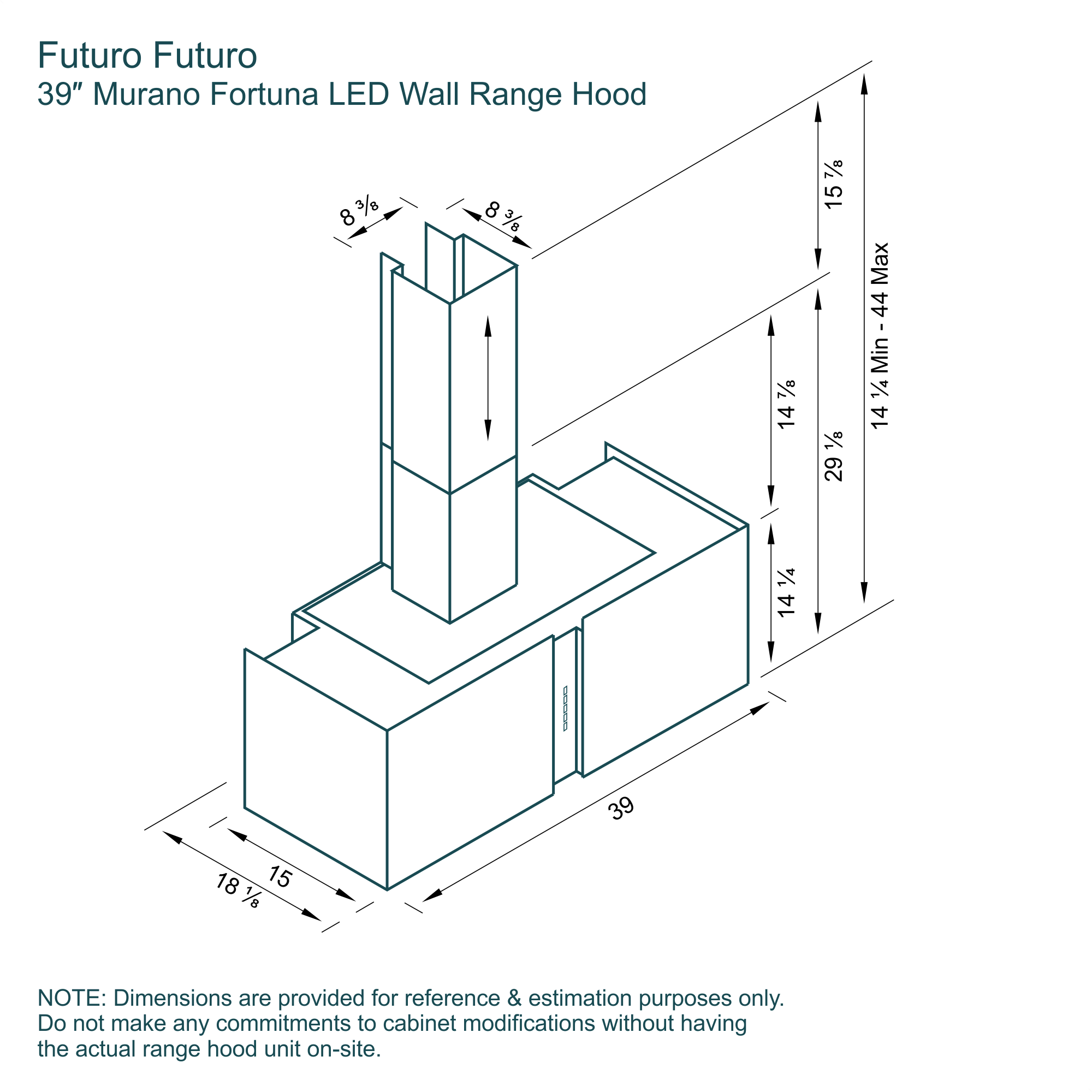 39″ Murano Fortuna LED Wall Range Hood 17 Dimensions 39 inch Murano Fortuna LED Wall range hood