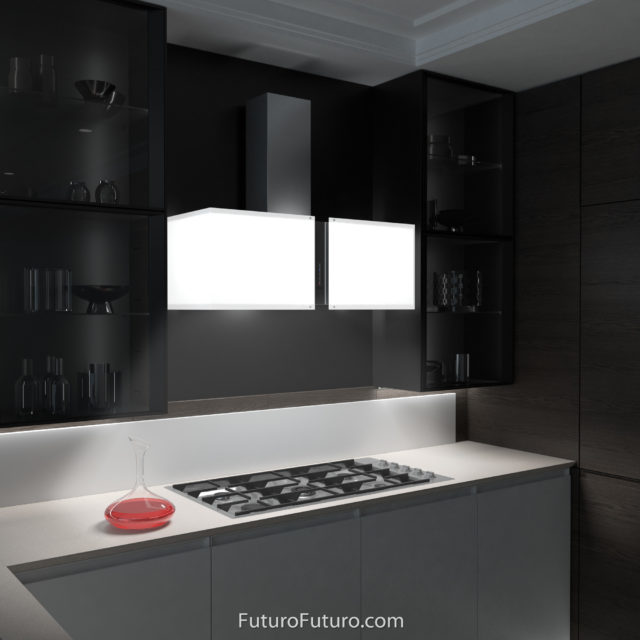 Designer white glass kitchen hood | LED illuminated range hood