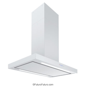 Quiet yet powerful island range hood in matte white finish