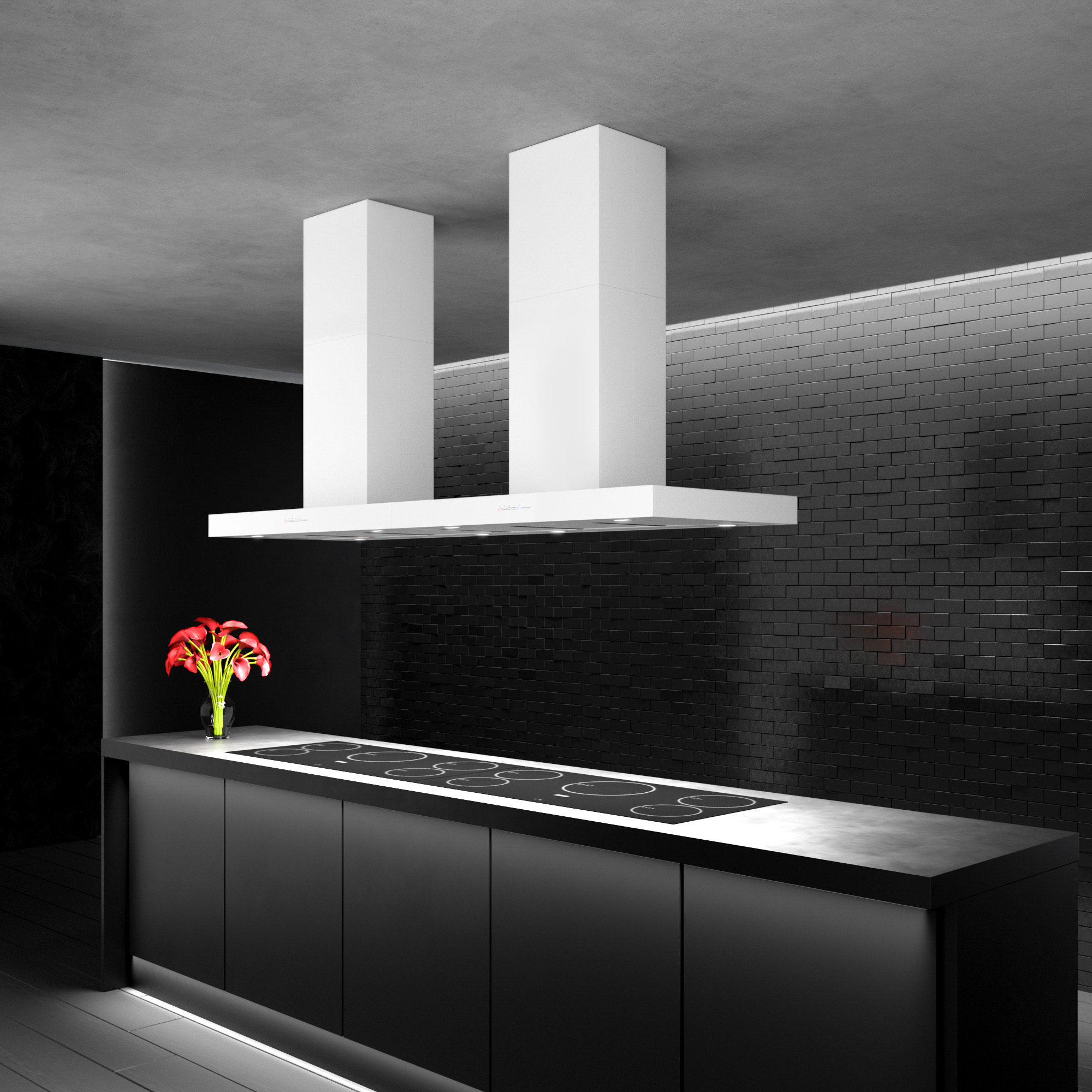 Black kitchen cabinets range hood | Ceiling mount range hood