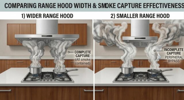 Range Hood Width and Capture Effectiveness Side-by-side comparison showing how a wider range hood provides complete smoke capture while a smaller hood allows smoke to escape through peripheral bypass.