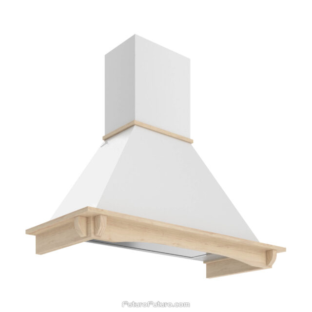 Side view of the Castle Wall Range Hood, highlighting its durable white enamel coating.