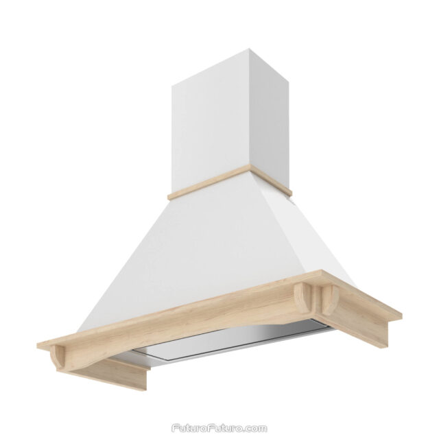 Side view of the Castle Wall Range Hood, highlighting its durable white enamel coating.