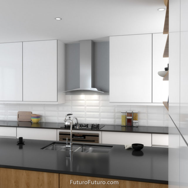 black quartz countertop kitchen hood vent | white kitchen cabinet oven hood | stainless steel vent hood