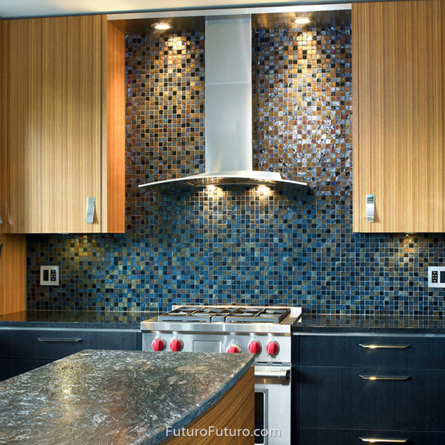 blue glass tile backsplash kitchen stove hood | stainless steel range hood