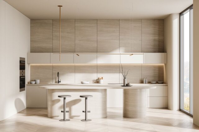 Modern minimalist kitchen interior featuring a kitchen ventilation trends 2027: a large beige travertine stone island, flat-panel light wood cabinetry, under-cabinet lighting, thin minimalist pendant lights, and two bar stools on a light herringbone wood floor.